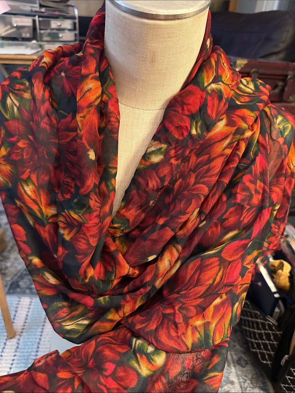 Patricia Nash Leaf-Print Viscose Scarf in Red, Orange and Green